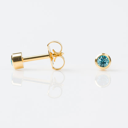 STUDEX Regular Gold Plated Stainless Steel Bezel March - Aquamarine Earrings